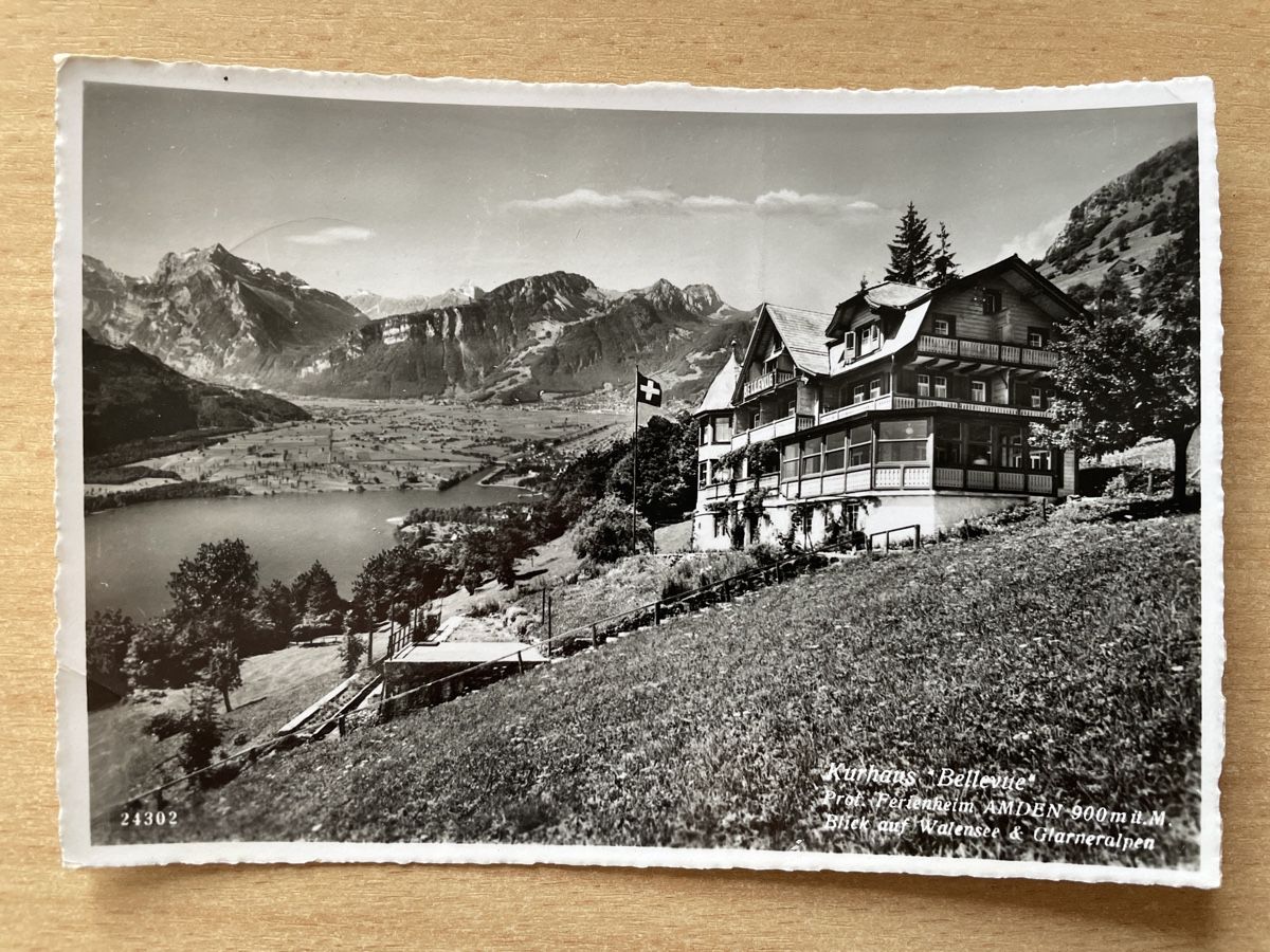 Cartoline postali: Alte Ansichtskarte Kurhaus Bellevue, Amden 1956 – Usato da Neuhausen am Rheinfall venduto da Arielle55