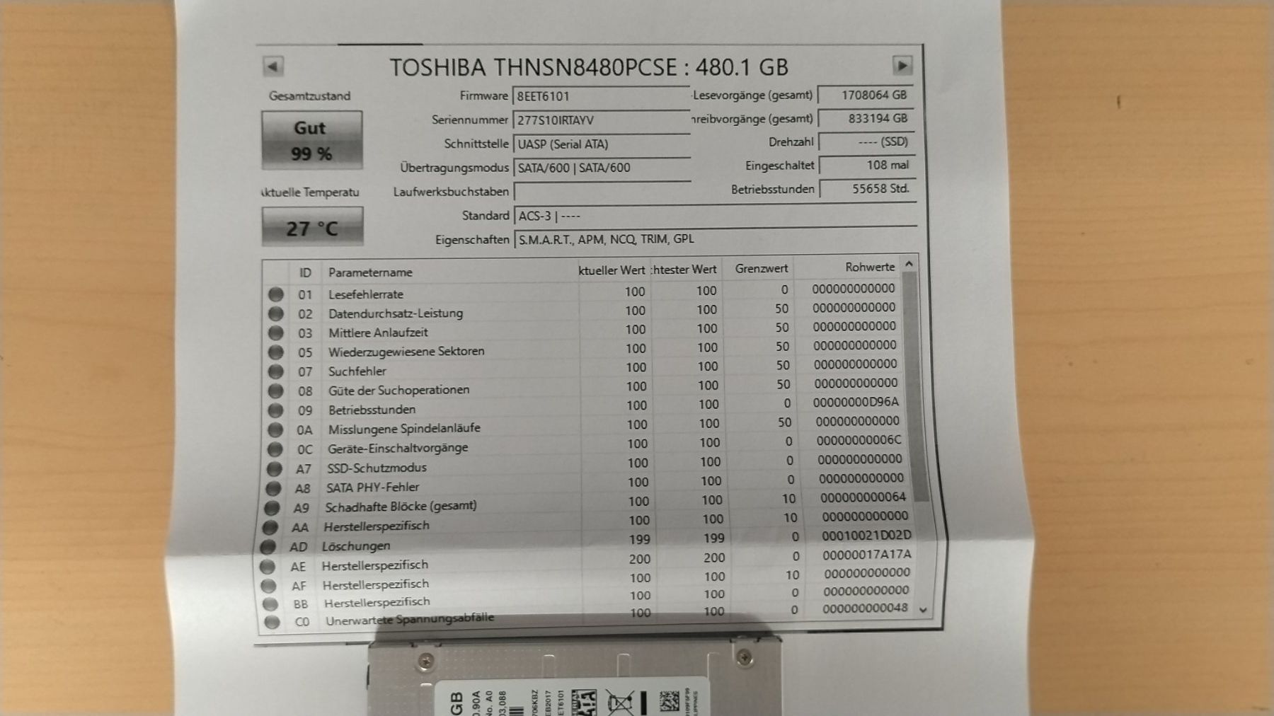 Toshiba Dischi rigidi: TOSHIBA SSD 480GB THNSN8480PCSE gewipt – Usato da Wallisellen venduto da mic_gg2g 1