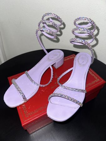 Rene Caovilla Crystal Cleo Sandals in Lilac Satin