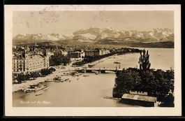 AK Zürich, Ortsansicht mit den Alpen