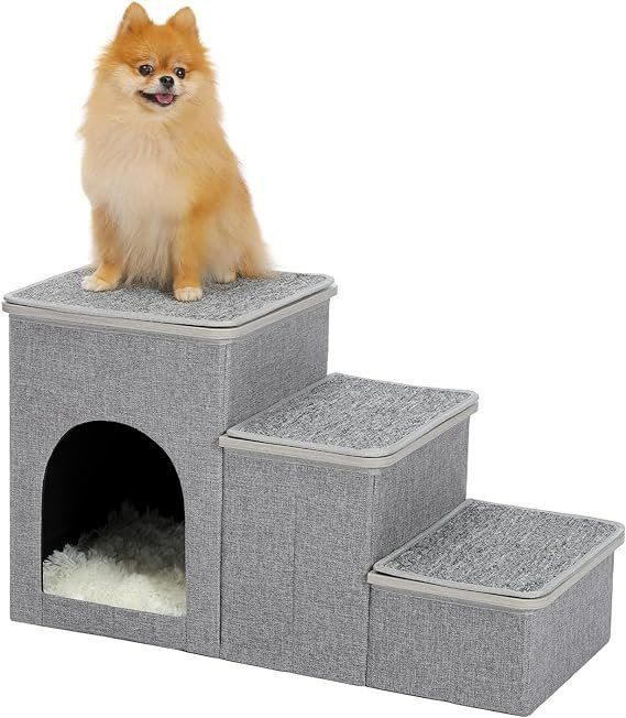 PawHut Hundetreppe Mit 3 Stufen & Seitenwand  Kleine Hunderampe Fr Sofa/Bett,  Bis 40kg, Eiche/Schwarz