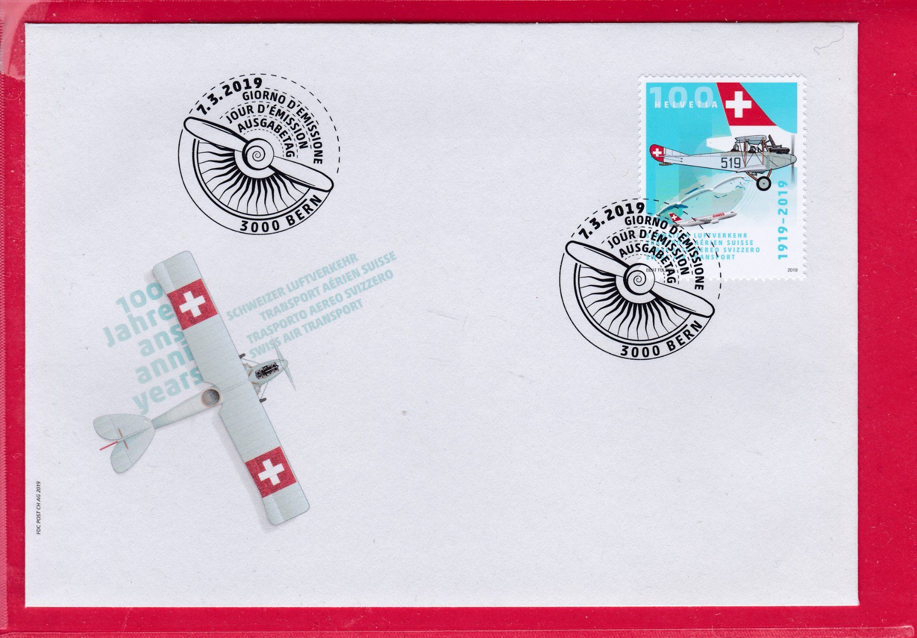 Alle Briefmarken: 2019, FDC, SCHWEIZER LUFTVERKEHR, 7.3.2019 – Gebraucht aus Oberrieden von Gebirgsstelze