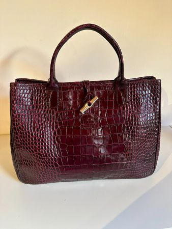 Sac Longchamp Roseau - Cuir Croco Bordeaux/Prune taille M