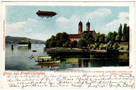 sehr frühe AK eines Zeppelin Luftschiffes über der Werft