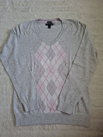 Pull Col V Tommy Hilfiger Argyle Gris Rose Taille M