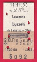 KARTON BILLETT, LAUSANNE - LUZERN, 2.KLASSE, RETOUR, HALBTAX