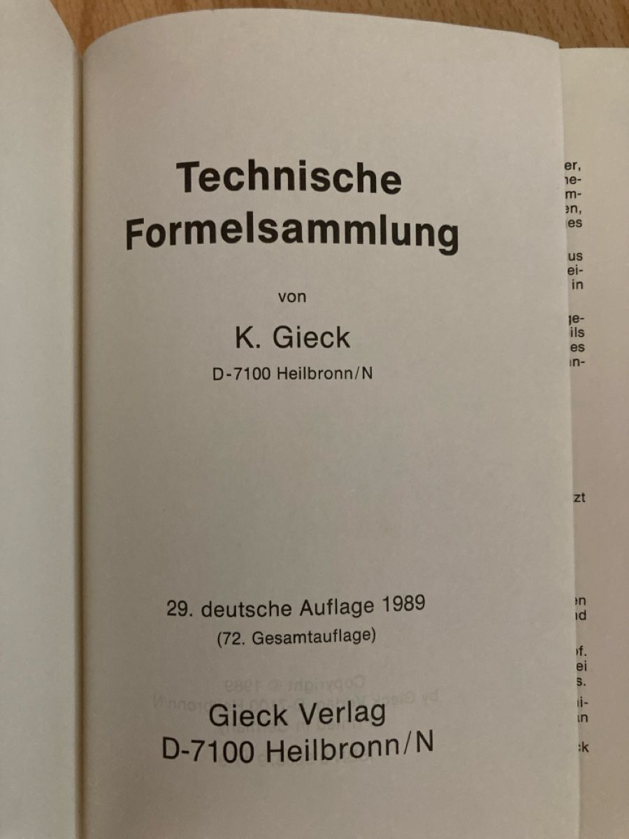 Libri: Gieck Technische Formelsammlung 29. Aufl 1989 – Usato da Zuerich venduto da Balfrin 3