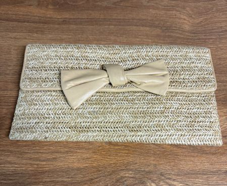Clutch Tasche Strohoptik beige mit Schleife Damen