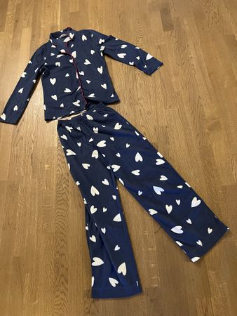 M&S Damen Pyjama Set XS Blau Weiss Herzen Fleece Zweiteiler