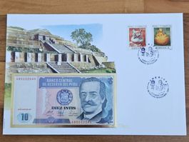 Noten-Brief mit Bankfrischer 10-Intis-Banknote aus Peru