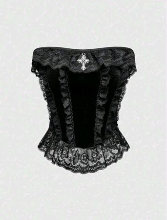 Gothic Samt-Top mit Spitze und Kreuz Grösse S *neu*