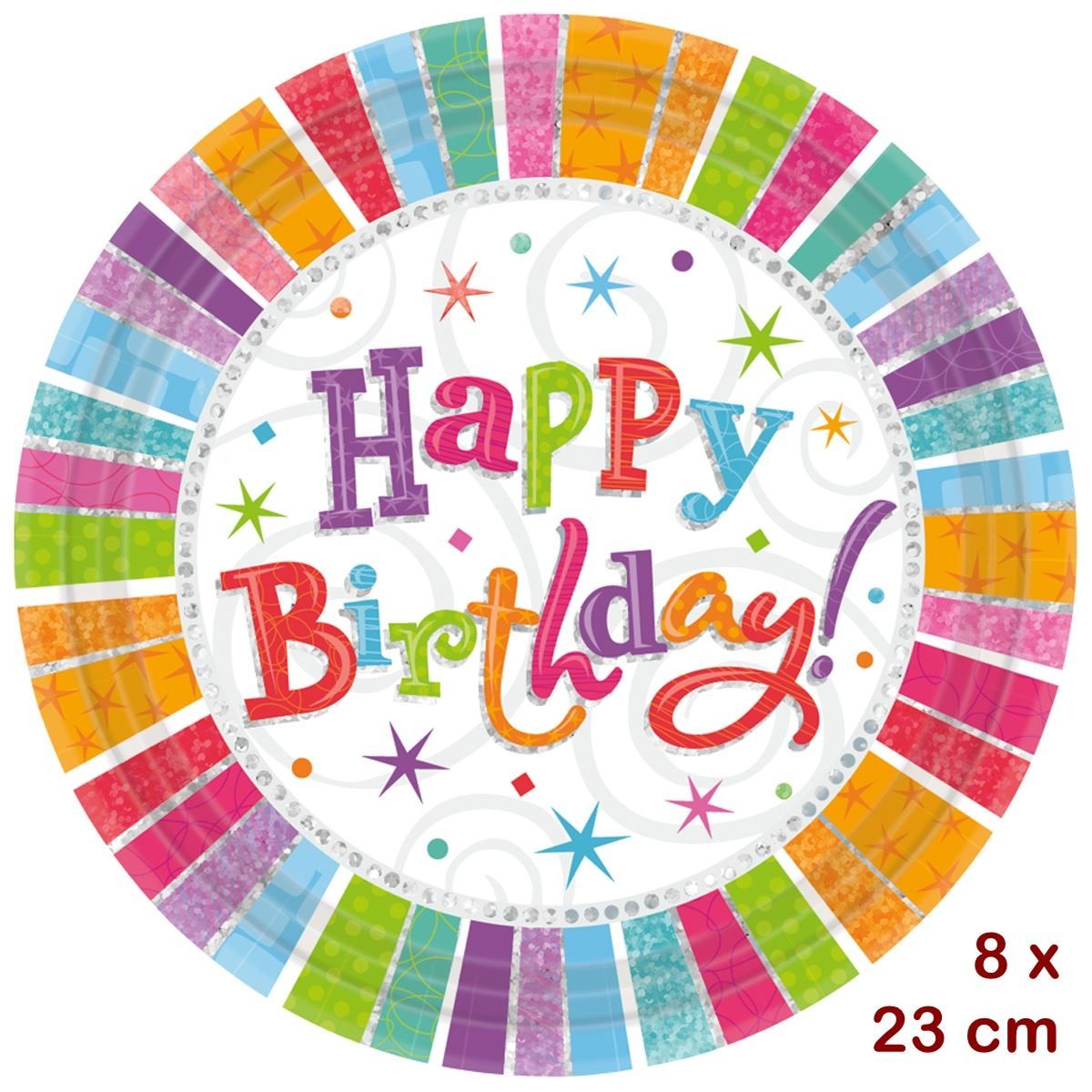 Piatti: 8 Kartonteller Happy Birthday, d 23 cm – Nuovo e nell'imballaggio originale da Wettingen venduto da Swala