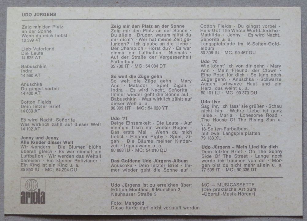 Autogrammkarte Udo Jürgens, um 1972 (Gebraucht) in Oberriet SG für CHF ...