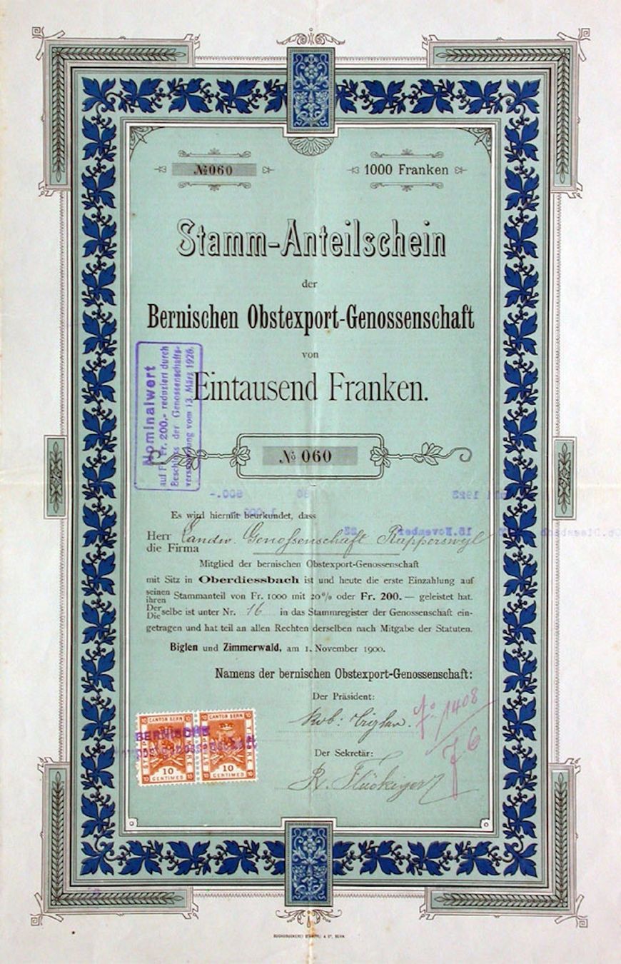 Documenti: Bernische Obstexport-Genossenschaft, Biglen - 1900 – Usato da Solothurn venduto da Sgasche