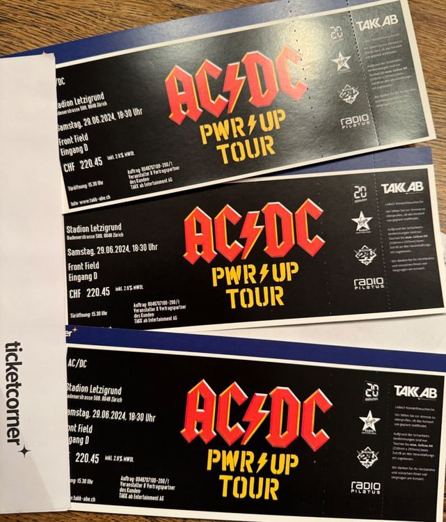 3 Stk AC/DC Tickets, Letzigrund Stadion, Zürich, Front Field Kaufen