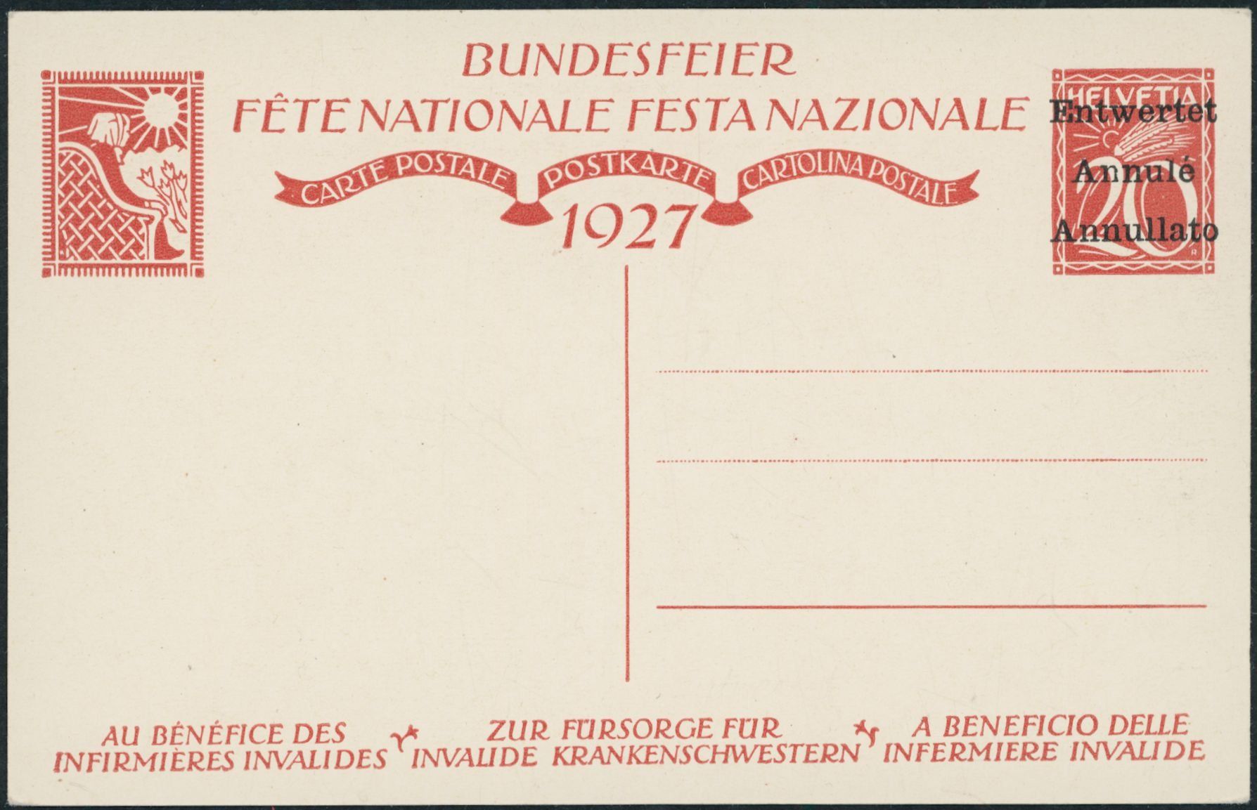 Tutti i francobolli: 1927 - Pro Patria - Bundesfeierkarten • Entwertet – Usato da Schindellegi venduto da leecollect 2