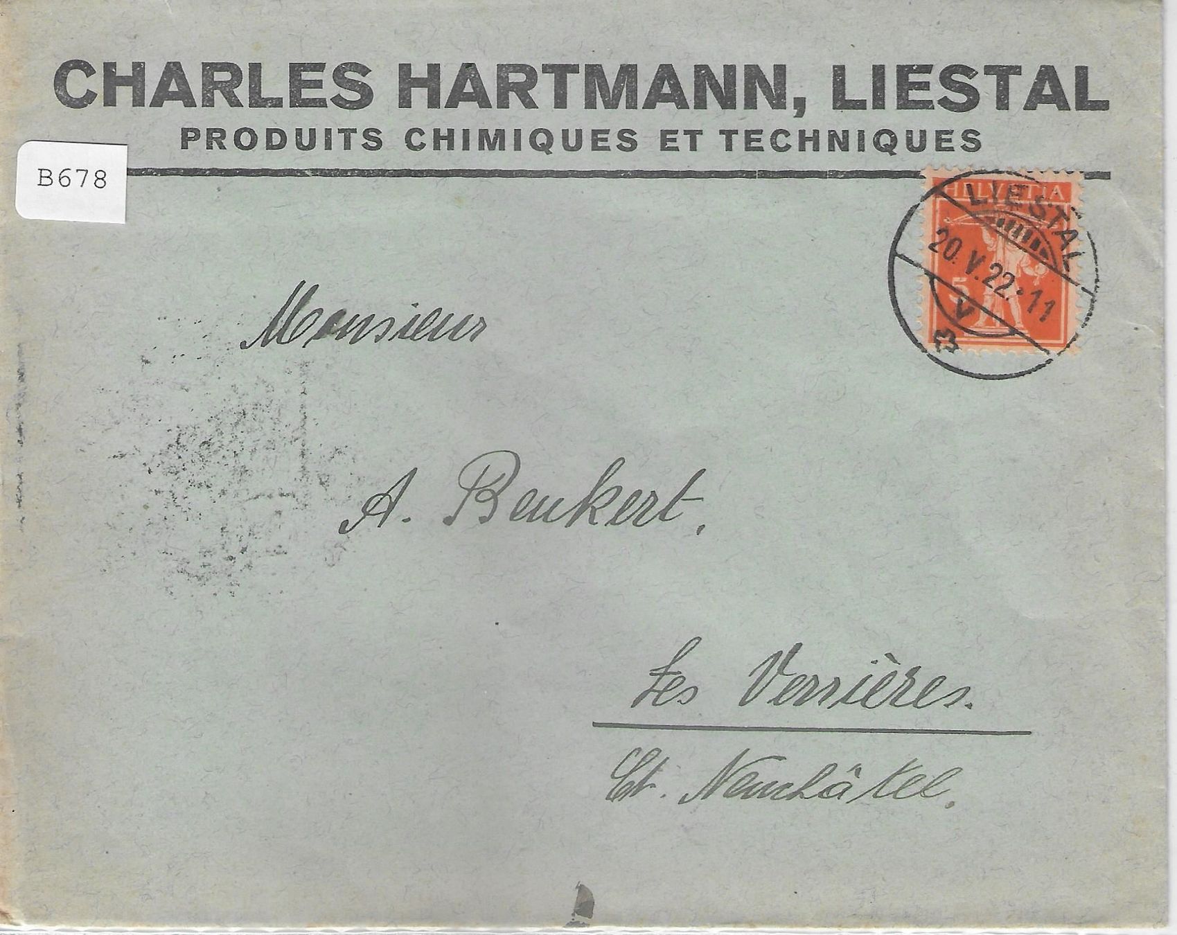 Tutti i francobolli: Liestal - Charles Hartmann 20.V.1922 – Usato da Ettingen venduto da Kartenplanet