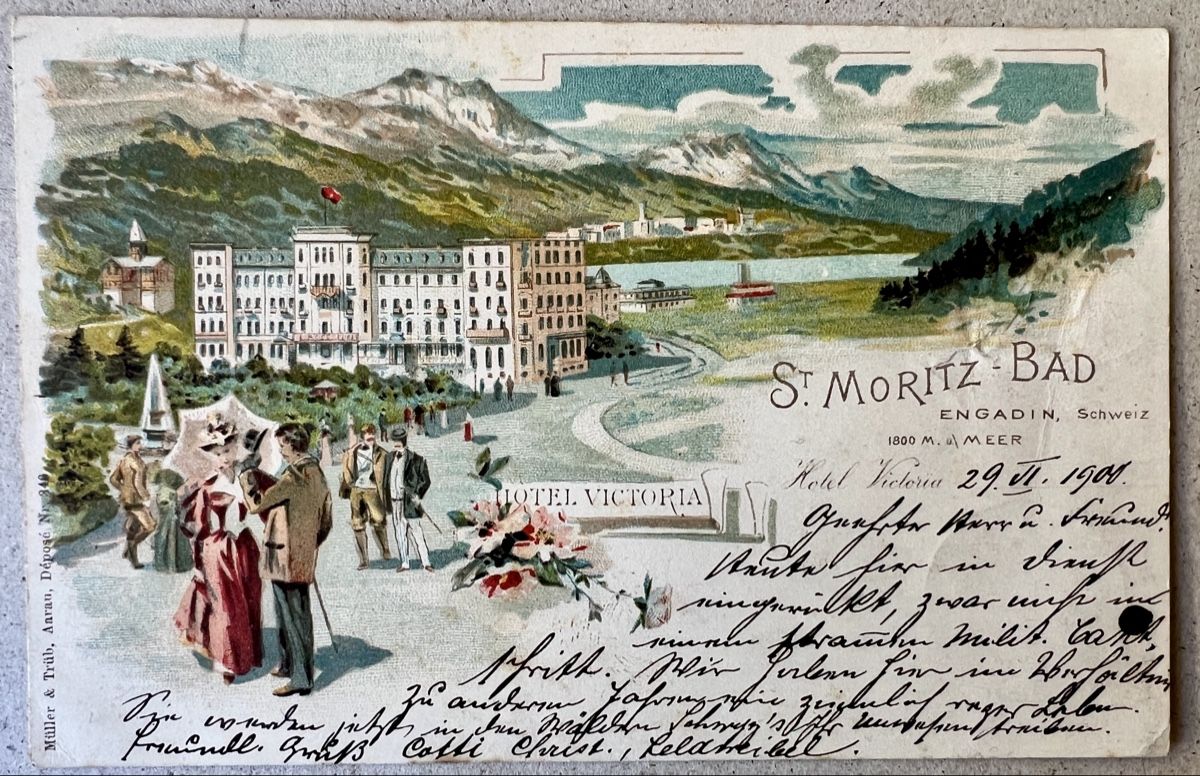 Cartoline postali: AK 1900 Hotel Victoria St.Moritz-Bad GR. – Usato da Muotathal venduto da OttoK01