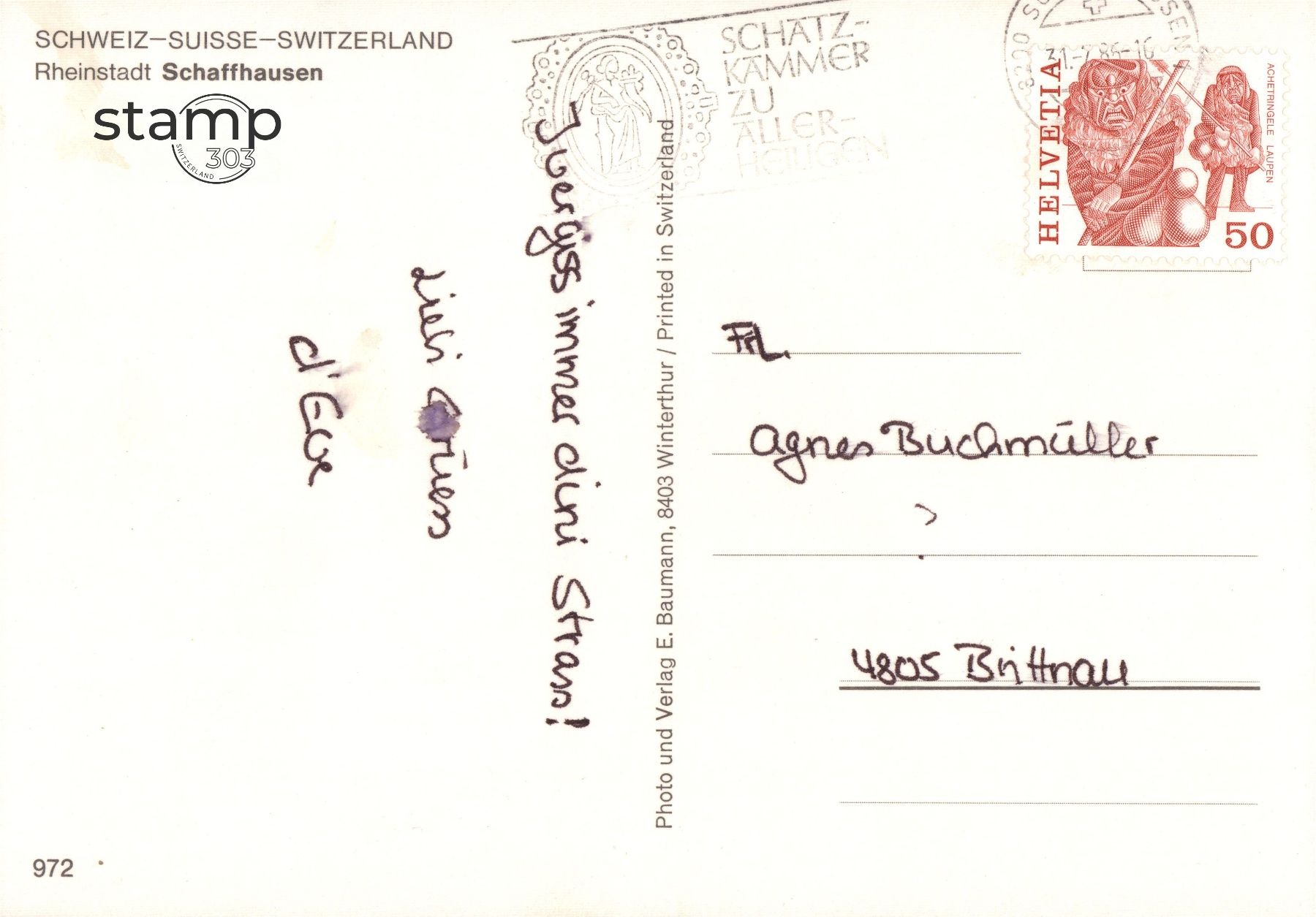 Ansichtskarten: 1986 AK Schaffhausen Rheinstadt – Gebraucht aus Eggersriet von stamp303 1