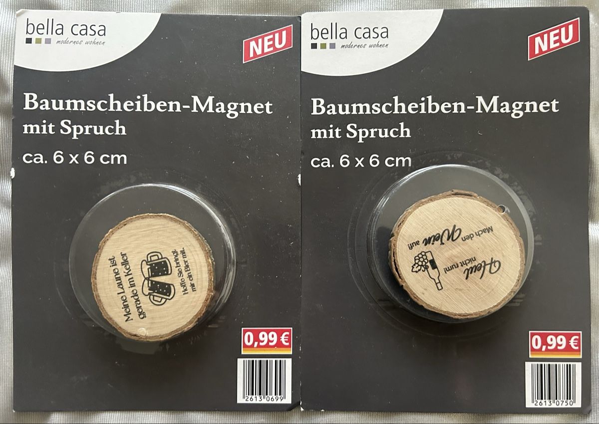 Calamite: ***2x Holz Baumscheiben-Magnete mit Spruch – Nuovo e nell'imballaggio originale da Winterthur venduto da stella67
