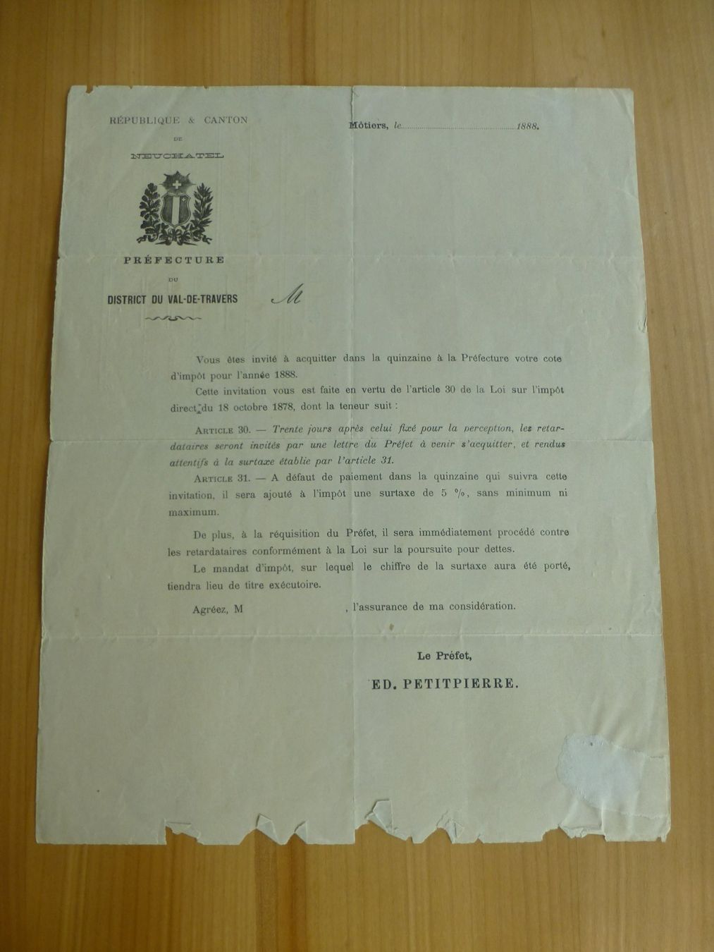 Documenti: Fleurier 5. Octobre 1888 – Usato da Bettlach venduto da 1saurer