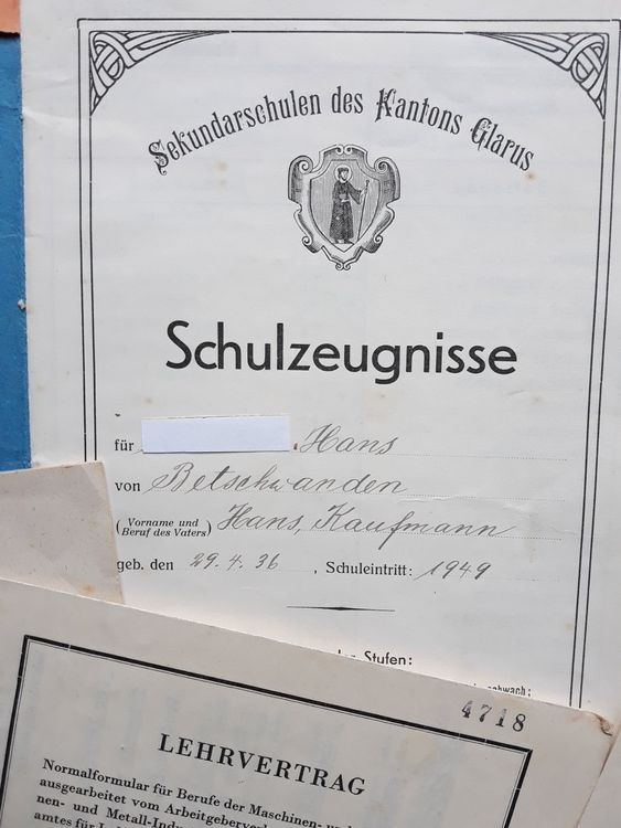 Sek Zeugnis U. Lehrvertrag THERMA, 1949/56 (Schwanden) | Kaufen Auf Ricardo