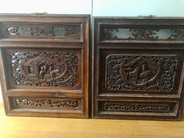 2 China Holz-Paneele Relief geschnitzt alt