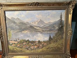 Peinture paysage lac montagne village ancien cadre doré