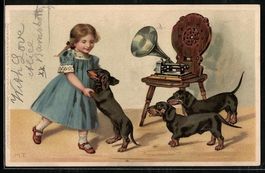 Litho Kleines Mädchen tanzt mit Dackel 
