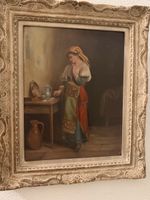 Peinture femme et cruche, signé H.L.C. 1881, cadre
