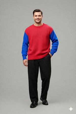 Colorblock Rot-Blau Rundhalspullover