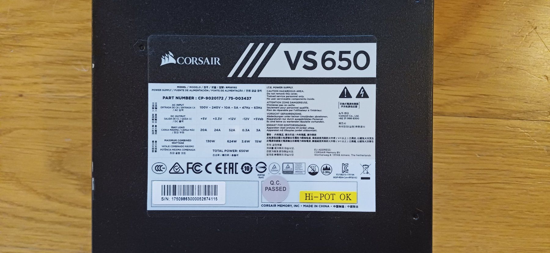 Corsair Componenti elettronici: Power Supply Corsair VS650 – Usato da Chur venduto da Alkudero 1