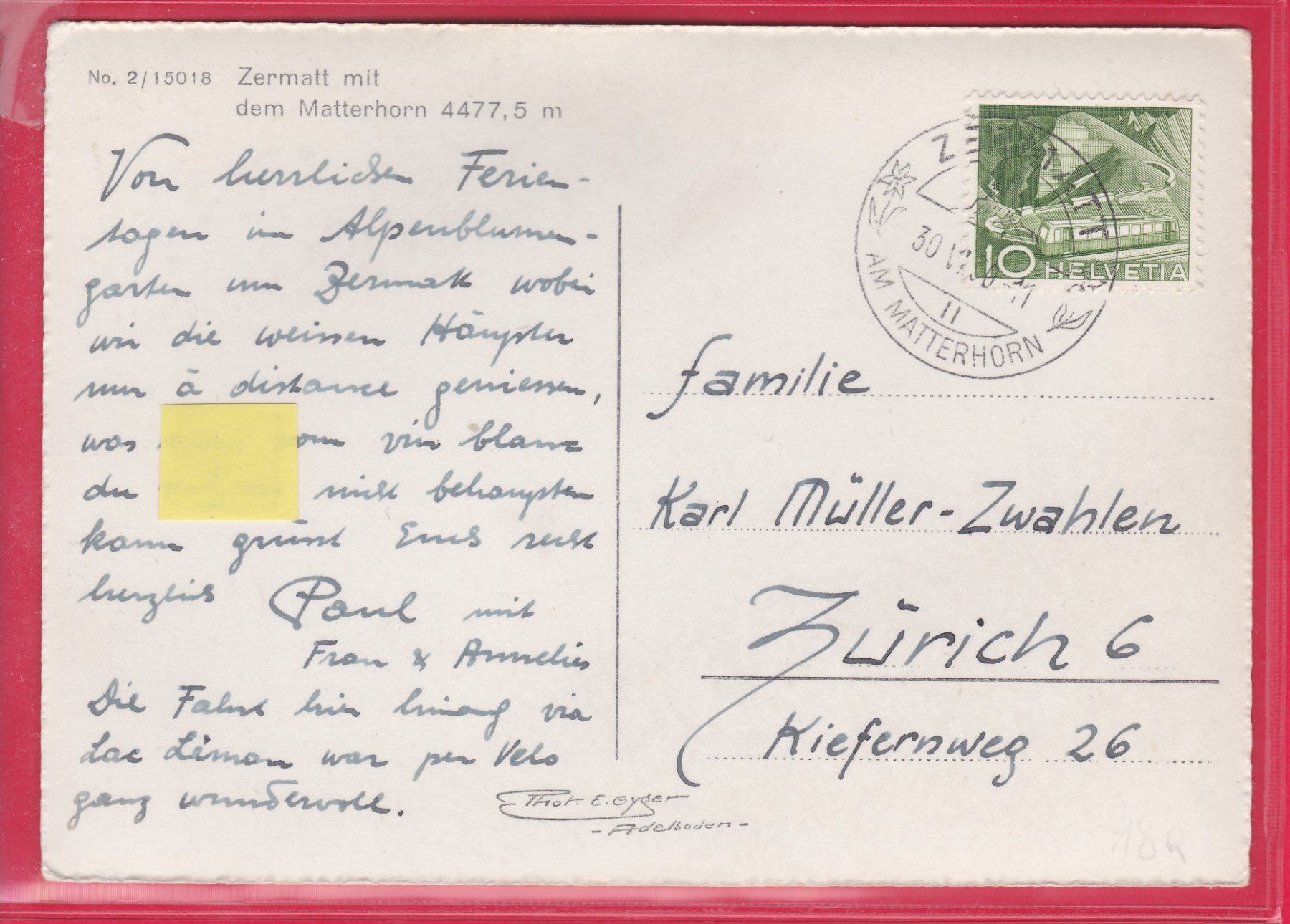 Cartoline postali: ZERMATT MIT MATTERHORN, 30.6.1950 – Usato da Oberrieden venduto da Gebirgsstelze 1