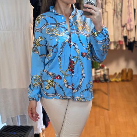💙 Blaue Bluse Gr. 40/L – Eleganter Kettenprint