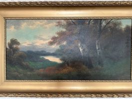 Tableau peinture rivière forêt suisse signé R.Pfister