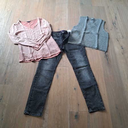 Damen Kleider Set Rosa Langarmshirt Grau Strickweste Jeans