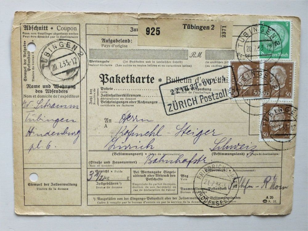 DR Paketkarte 1933 TÜBINGEN > ZÜRICH Kaufen auf Ricardo