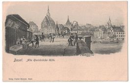 Basel, Alte Rheinbrücke 1834, Künstlerkarte von 1934