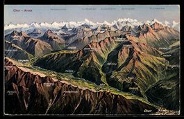 Künstler-AK Chur, Talansicht mit Bahnlinie zwischen Chur und