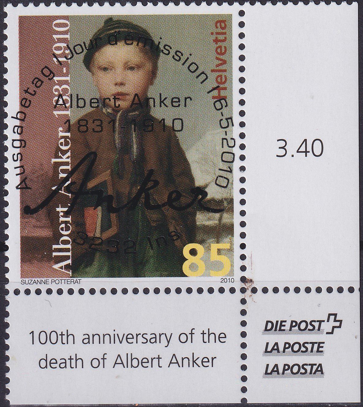 Tutti i francobolli: 2010, Nr.1353 "Albert Anker" mit ET-Voll-Stempel +ECKTABS. – Usato da Sursee venduto da Luzernerraute