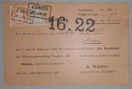 Faserpapier / Eisenbahn Zürich 1882 Sitzende Helvetia