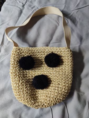 TopShop raffia purse carry bag black pompoms canvas strap