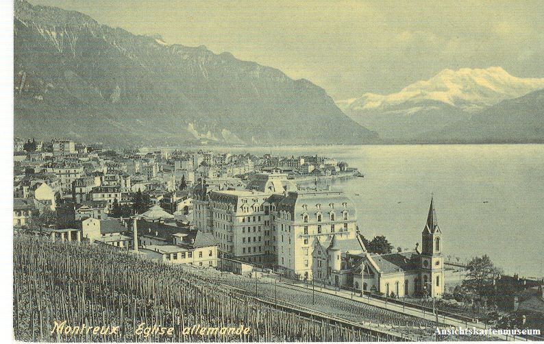 Cartoline postali: Montreux - Eglise Allemande + ca. 1920 – Usato da Emmenbrücke venduto da teestube