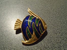 Brosche Fisch, blau/grün, goldfarbig