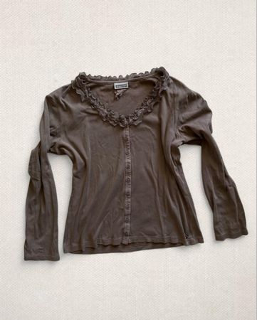 Damen Langarmshirt Street One braun mit Rüschenkragen