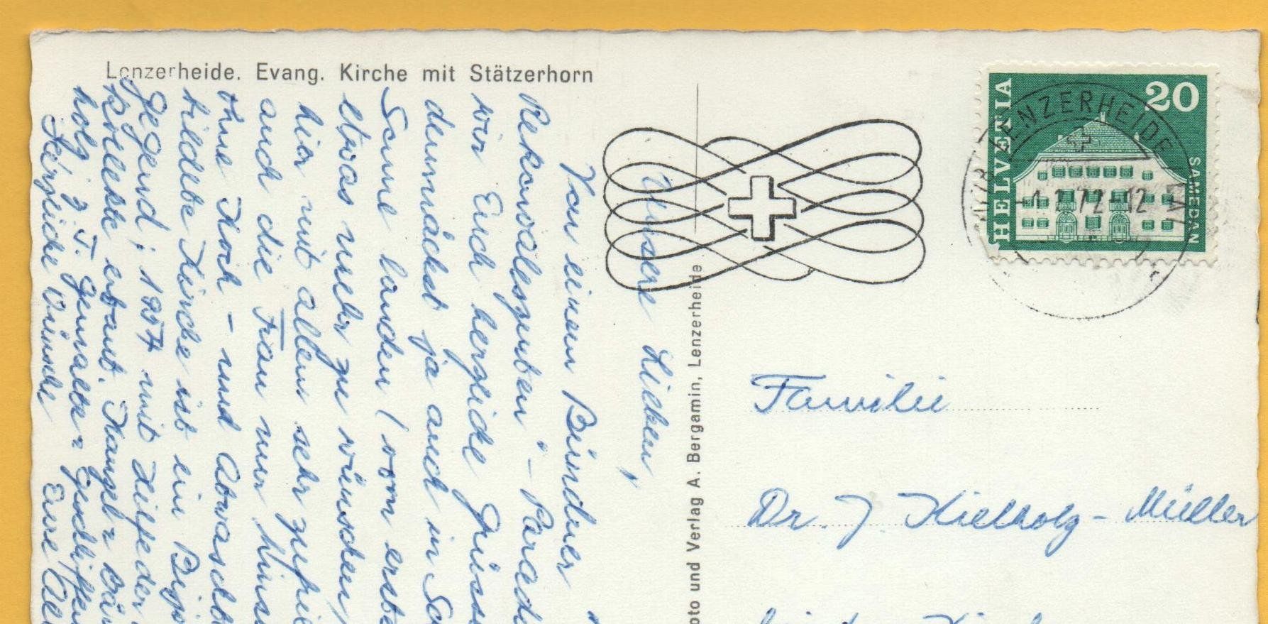 Cartoline postali: LENZERHEIDE Evang. Kirche mit Stätzerhorn – Usato da Jona venduto da philajona 1