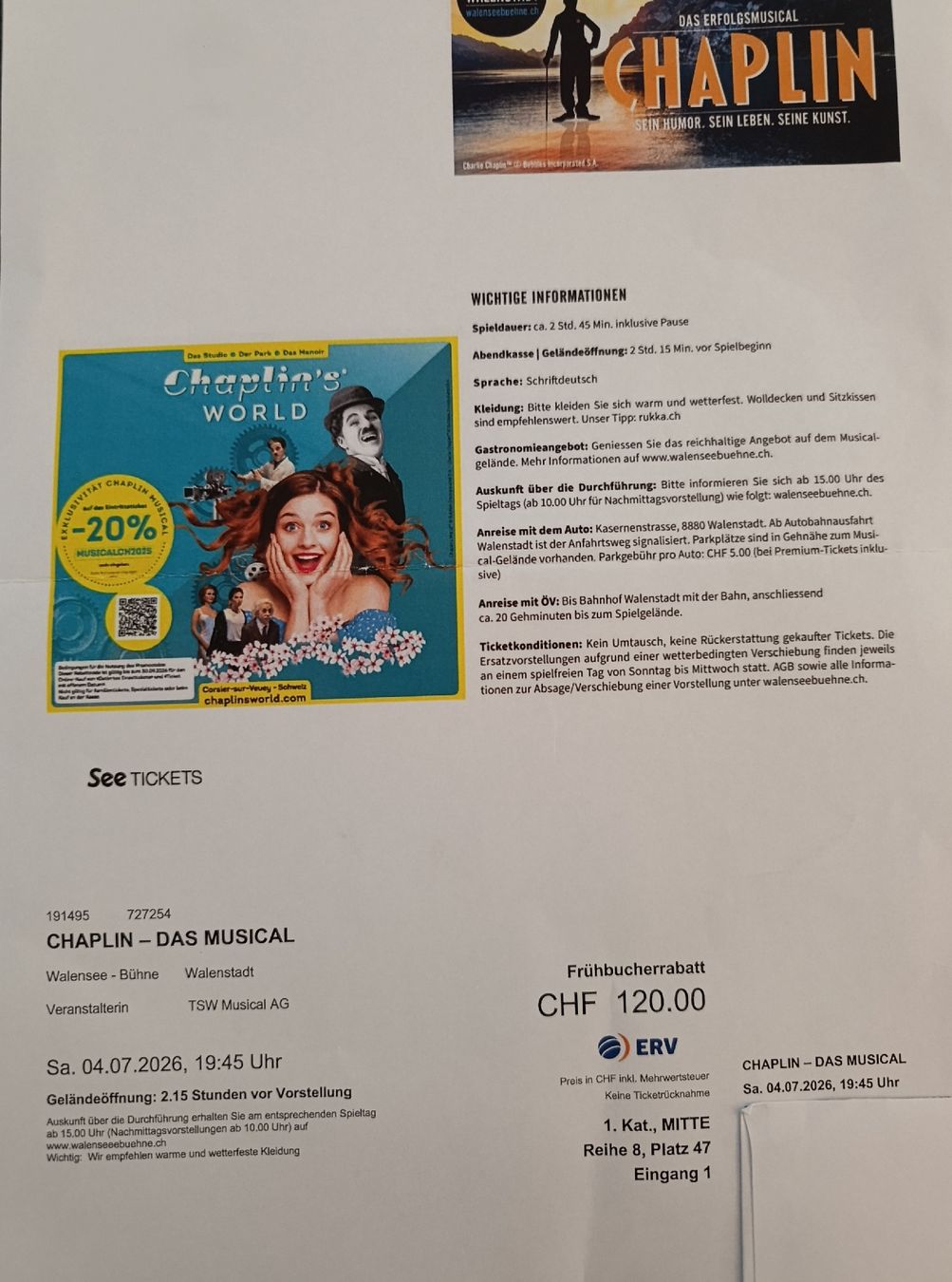 Biglietti: Ticket CHAPLIN DAS MUSICAL Walensee-Bühne 04.07.2026 – Nuovo (secondo la descrizione) da Siebnen venduto da Valora23