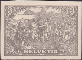1908, Rütli-Marke, Alternativ-Probe Benziger, 3Fr. (schwarz)