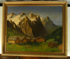 Alpen mit Berghütten Oel auf Leinwand monogrammiert