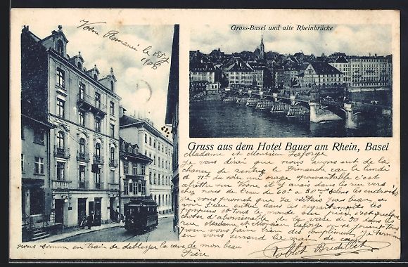 Cartoline postali: Basel, Hotel Bauer am Rhein, Strassenbah – Usato da Berlin venduto da bartko-reher